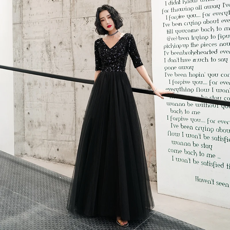 Женское вечернее платье с блестками AE754 черное элегантное длинное V-образным