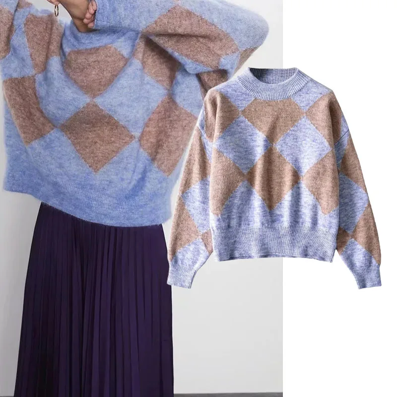 

Women's sweater Za 2021 New Fashion diamond Loose Knit Vintage O-Neck Long Sleeve Street style Female Pullovers Chic Tops