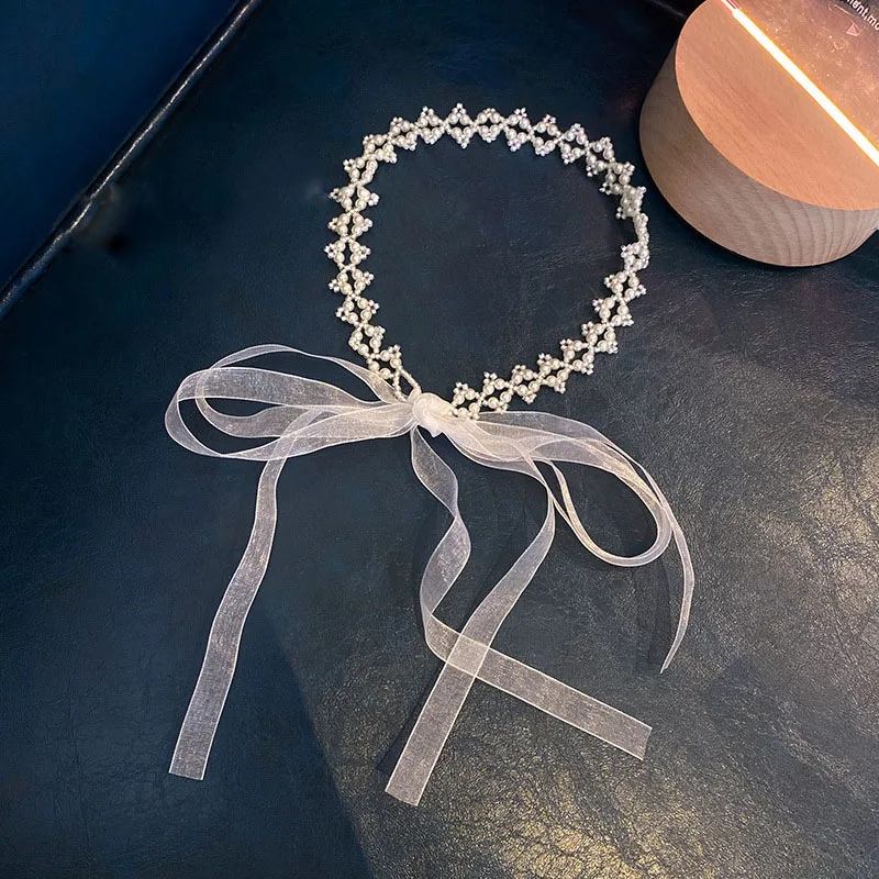 

LOVOACC Temperament White Pearl Bow-knot Ribbon Hairband for Women Femme Korean Fashion Beaded Hollow Wedding Hair Accessories