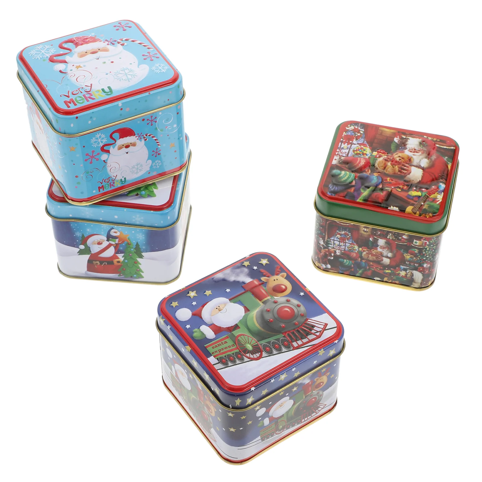 

4Pcs Christmas Square Food Grade Tin Boxes Cartoon Party Favor Boxes (Assorted Color)