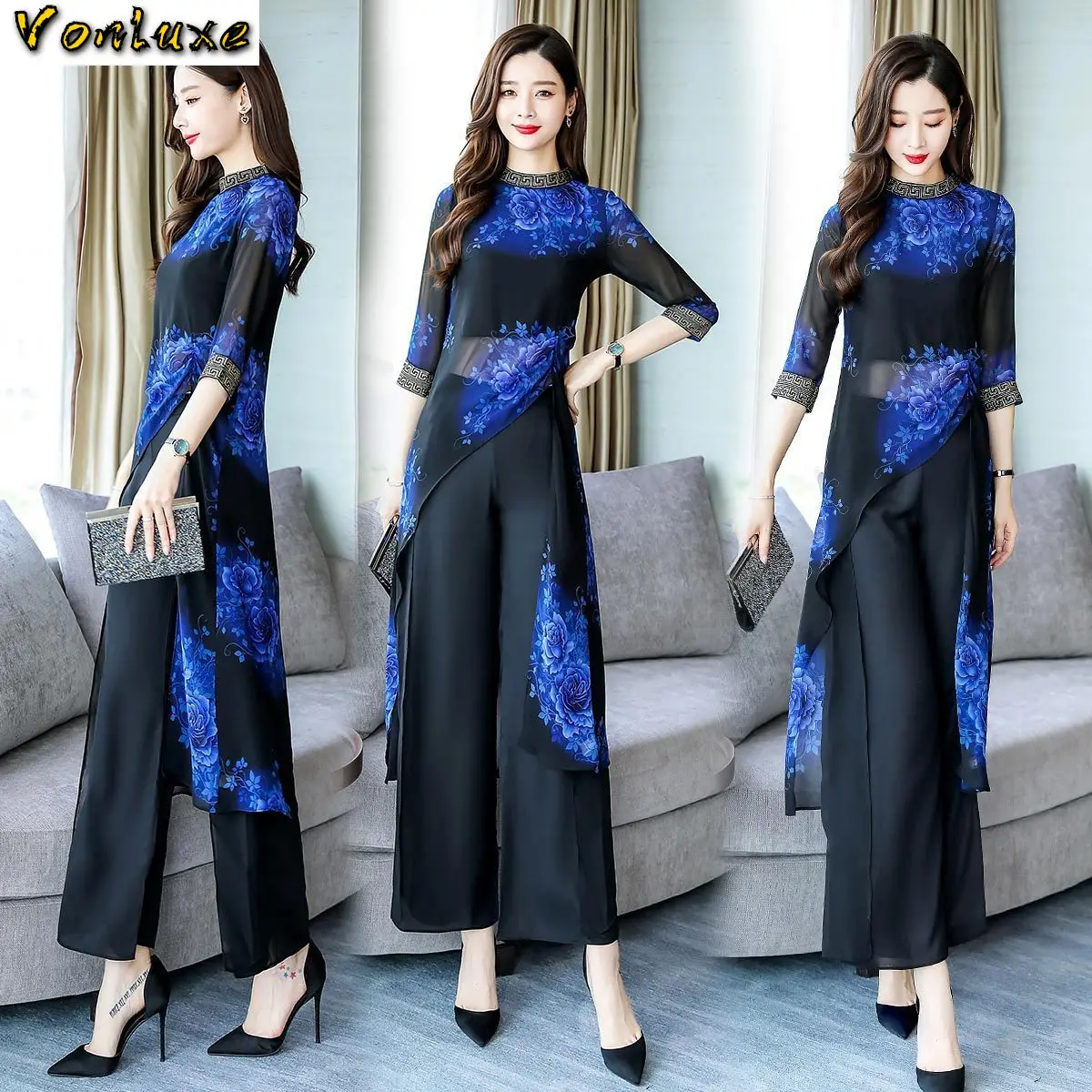 Женский шифоновый костюм из двух предметов винтажная блузка с цветочным принтом