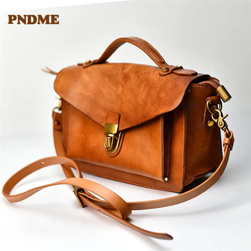 Retro fashion handmade first layer vegetable tanned cowhide crossbody college Genuine leather flap one-shoulder Cambridge bag