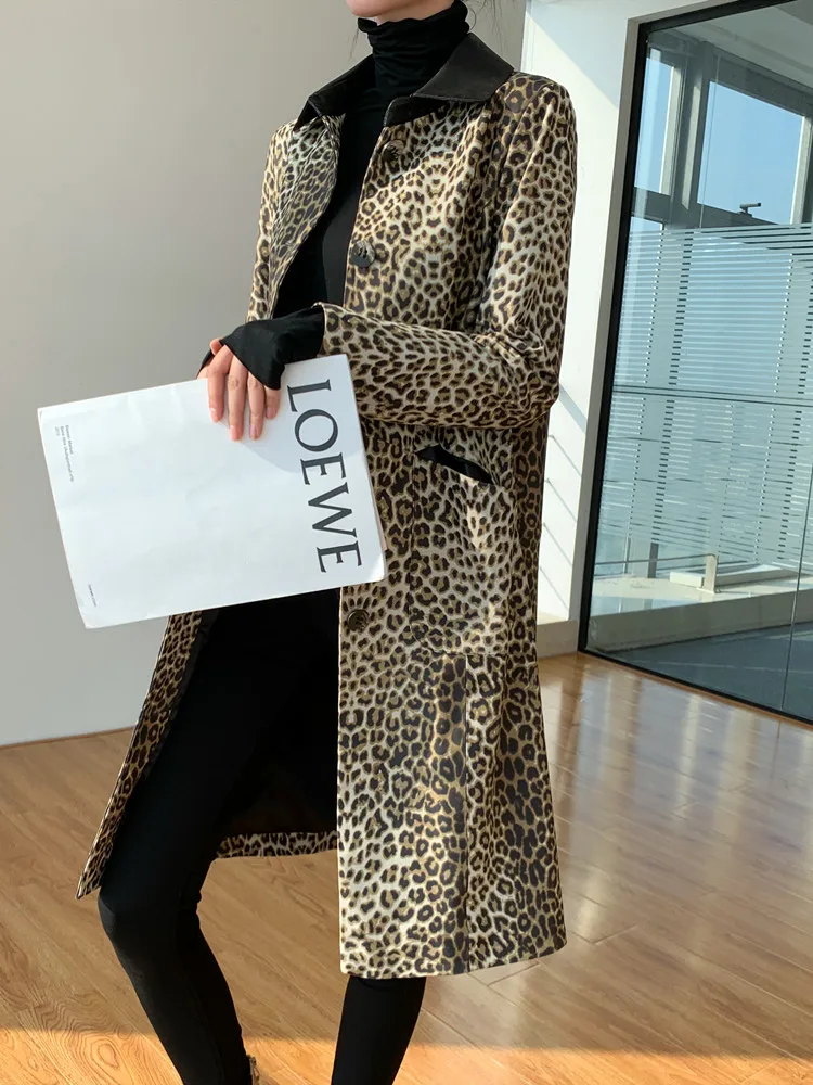Real 2020 Jacket New Women Genuine Cow Leather Coat Long Leopard Windbreaker Spring Fall Cowhide Luxury Jackets KJ5525 | Женская одежда