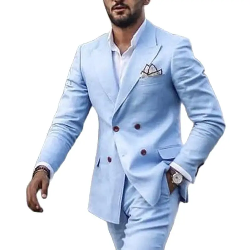 

2022 New Fashionable Clothing For Men Sky Blue Peaked Lapel Double-Breasted Male Business Office Formal Slim Fit Wear 2 Pieces