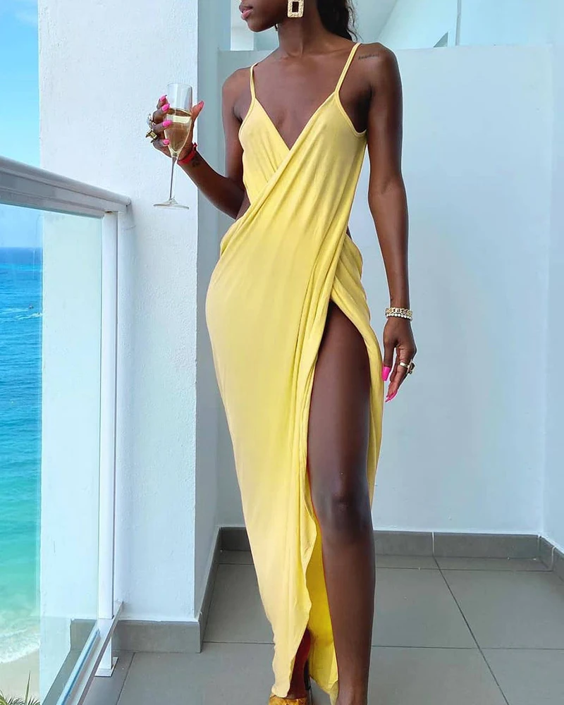 

2021 Summer Women's Dress Solid V Neck Backless Spaghetti Strap Cross High Slit Cocktail Elegant Sexy Robes