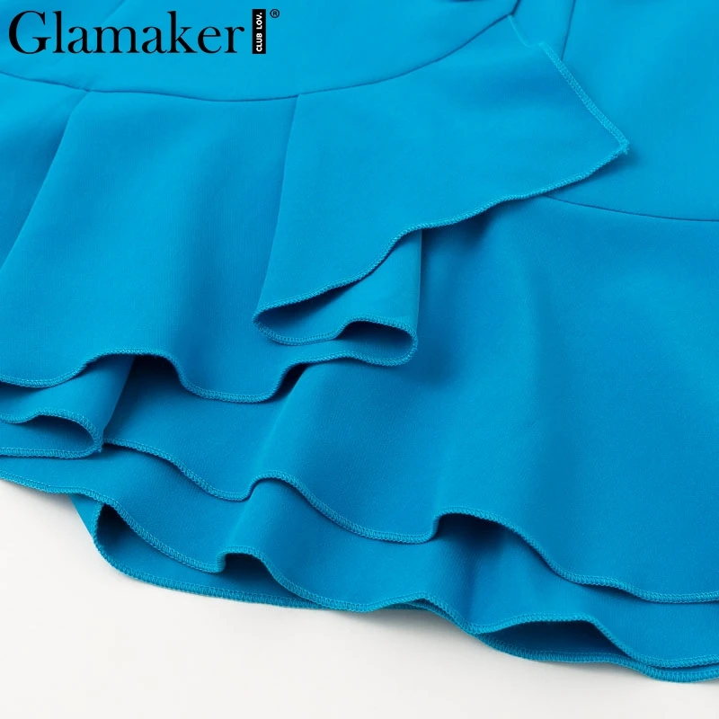 Glamaker, Осеннее винтажное платье-Блейзер, женское лоскутное сатиновое Королевское синее зимнее сексуальное платье, Ретро стиль, с рюшами, короткое вечернее платье, vestidos