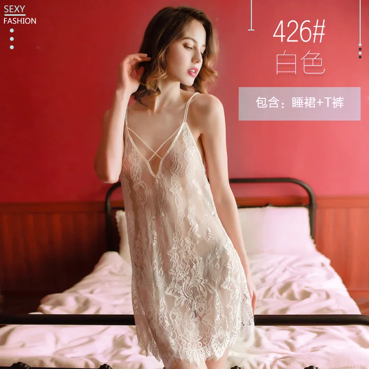 Sexy Women's Backless V-neck Nightdress Set Mesh Lace Nightdress Strap Nightdress Suit - Цвет: Белый