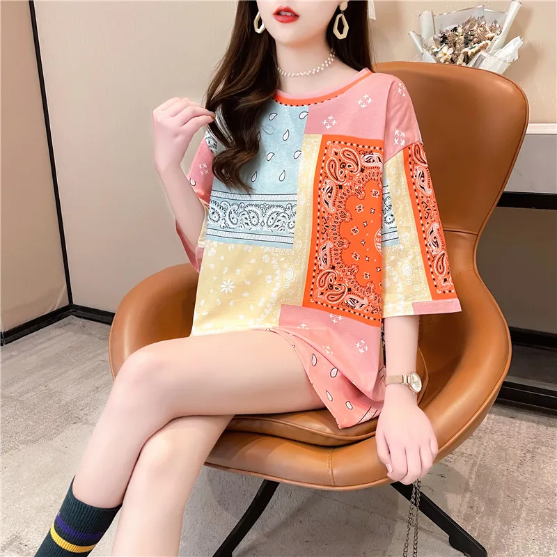 

Women T-shirt Student 2021 New Arrival Summer Female T-shirt Short Sleeve Loose Patchwork Beautiful Retro Korean Style c104