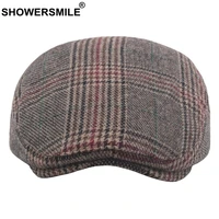 showersmile classic wool flat cap for men beret hat tweed wool plaid male vintage flat cap british style spring autumn ivy caps