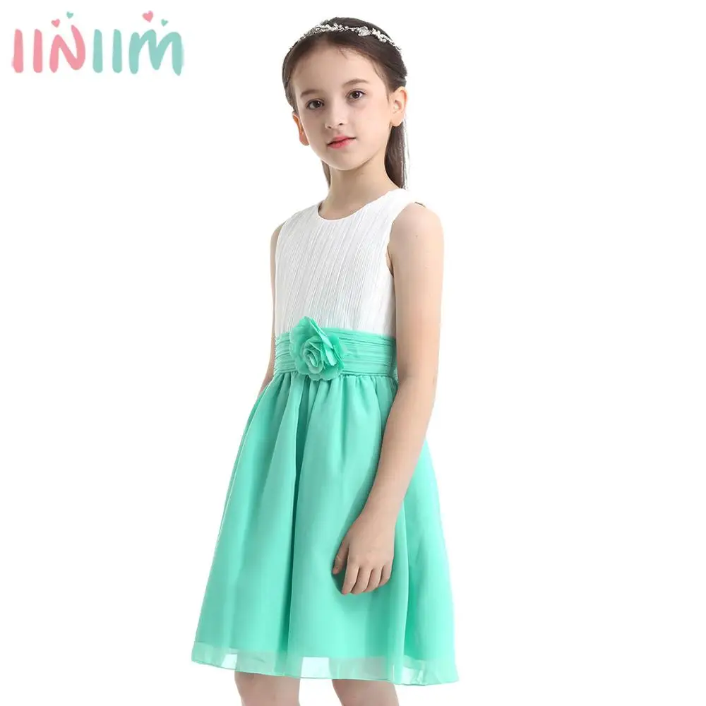 

iiniim Turquoise Teen Pleated Flower Girls Dress Summer Party Princess Dress Chiffon Vestido de festa Toddler girl dresses