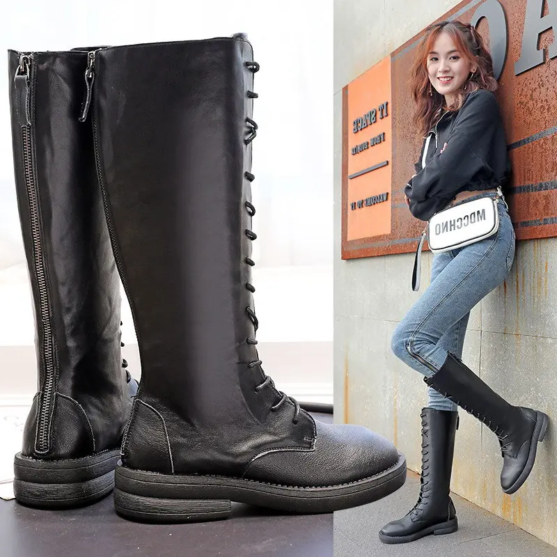 

ERRFC New Arrival Womens Black Knee High Boots Lace Up Pointed Toe Trending Leisure Shoes Flat Platform Ridding Botas Size 35-40