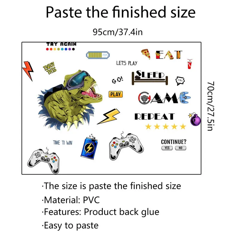 

Cartoon Dinosaur Gamer Wall Stickers for Teenager Room Decoration Art Decals Bedroom Decor Door Paste Game Room Posters Mural