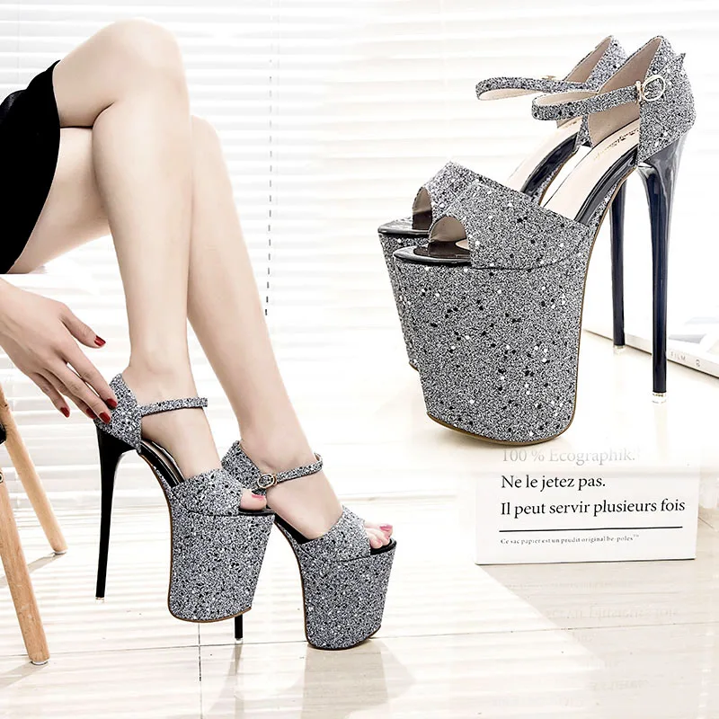 

Fashion Glitter Stiletto Sandals 20cm Thin High Heel Platform Lace-Up Fashion Show Pumps Nightclub Shoes Size 34-43