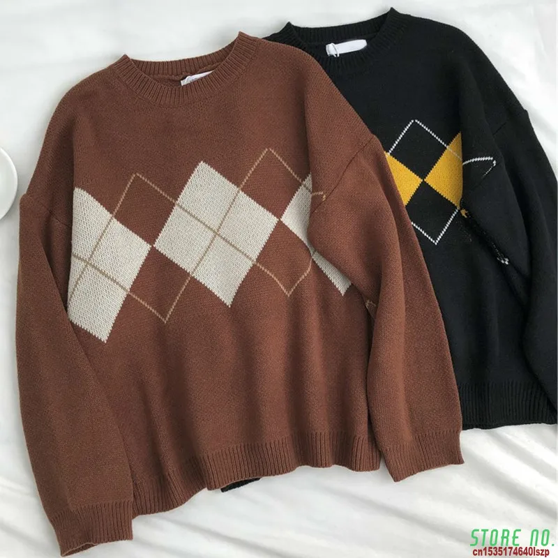 

Winter Knitted Sweater Women Oversized Argyle Sweaters Fashion Clothes Famale Long Sleeve Korean Crop Top Women Ropa De Mujer