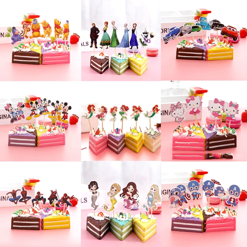 

24pcs/lot Birthday Party Mickey/Minnie/Winnie the Pooh/Frozen/Mermaid/Cars/Spiderman Theme Decorate Cupcake Toppers With Sticks