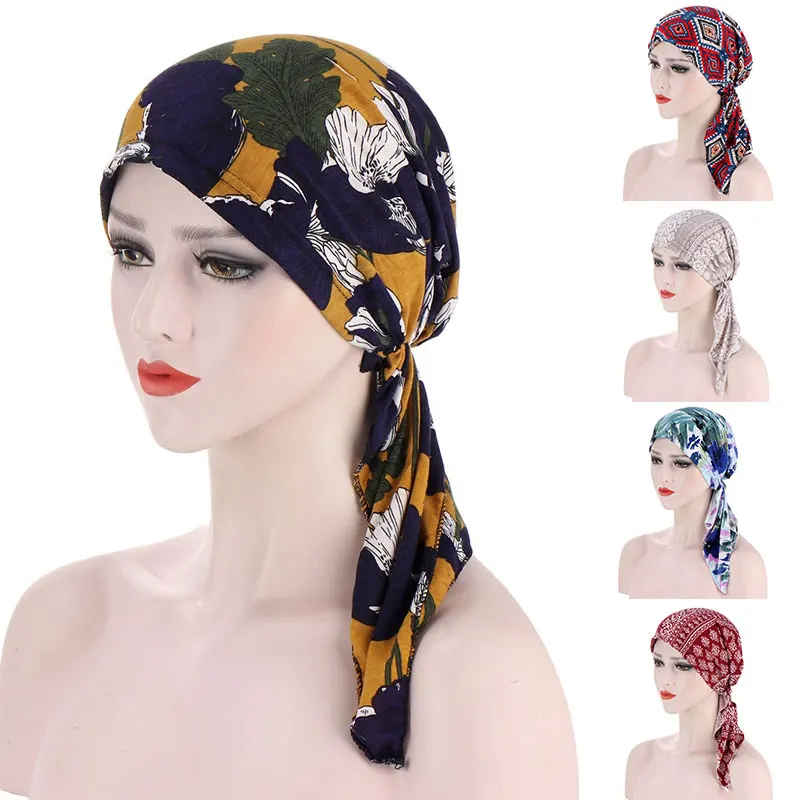 Women Flower Muslim Long Folds Cancer Chemo Hat Beanie Scarf Turban Head Wrap Cap Printed Headwear Lady Hats New