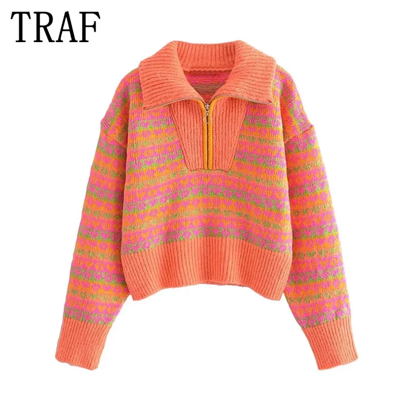 

TRAF Za Zipper Sweater Women Knitted Turtleneck Sweaters Woman Jacquard Vintage Cropped Sweater Harajuku Fashion Casual Pullover