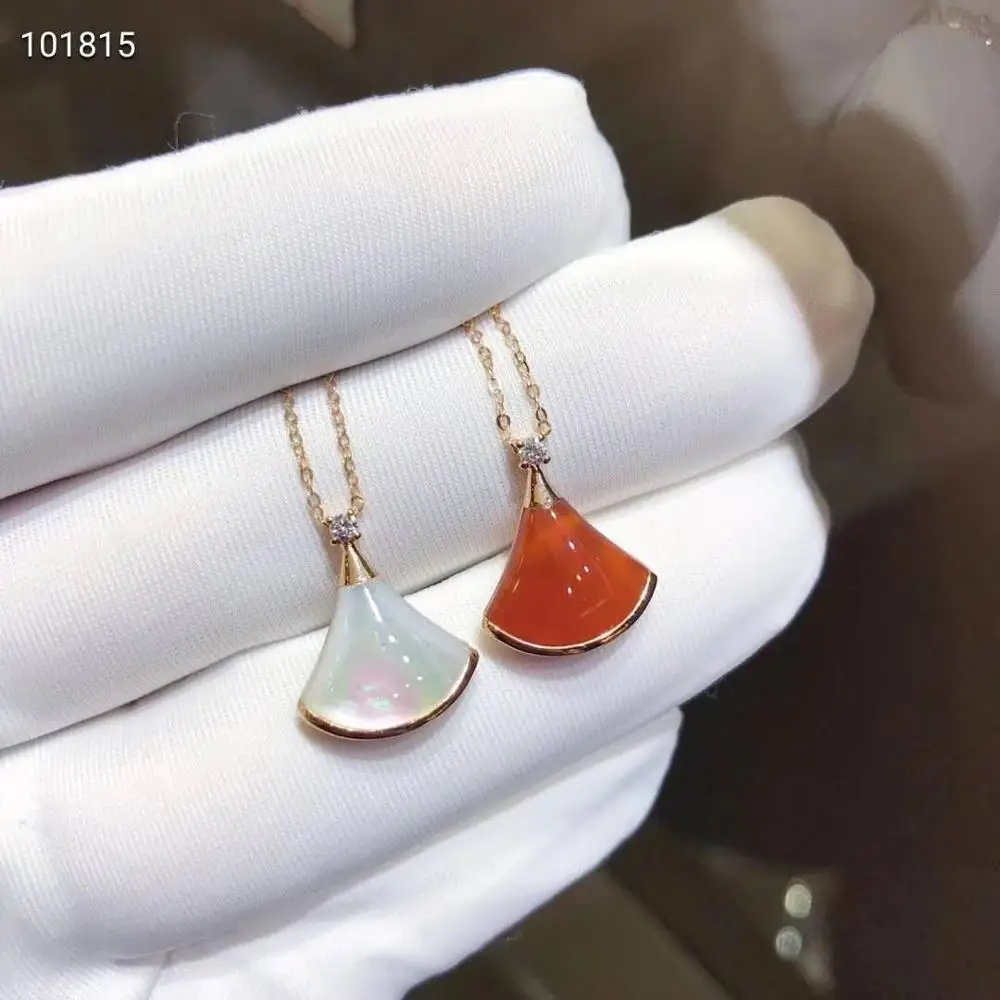18K Rose Gold Real Diamond Women Pendant Necklaces Skirt Fan Red Agate Wedding Party Engagement Anniversary Birthday | Украшения и