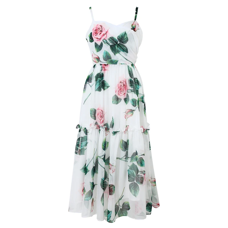 

Women Summer Fashion Casual Plus Size 3XS-10XL Sexy V Neck Retro Vintage Elegant Slit Fit Rose Print Mid-calf Long Chiffon Dress