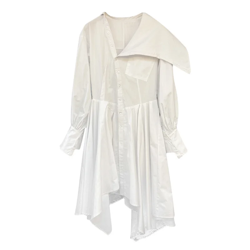 

2021 Asymmetrical Rimmed White Shirt Dress Turn-down Collar Irregular Hem Dress for Women Vestidos De Mujer