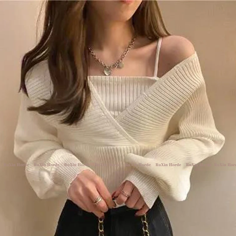 

Pullover Knitted Party Bow Tie Long Sleeve Female Spring Fall Clothing Design Feeling Small Sling Sweater Fake Two Women Sexy