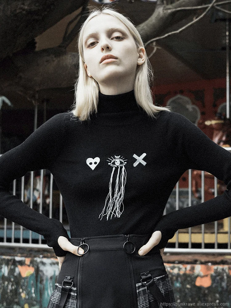 Женский короткий свитер в стиле Панк RAVE готический повседневный черный с высоким