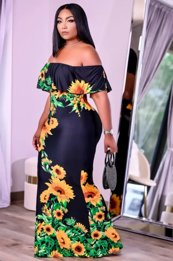 

Zoctuo Black Floral Print Club Dress Off Shoulder Plus Size Maxi Dresses For Women Empire Summer Sexy Casual Party Sheath Dress