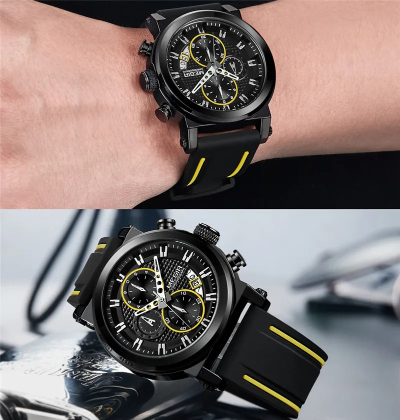 MEGIR мужские часы Топ бренд класса люкс золотые наручные с хронографом Дата