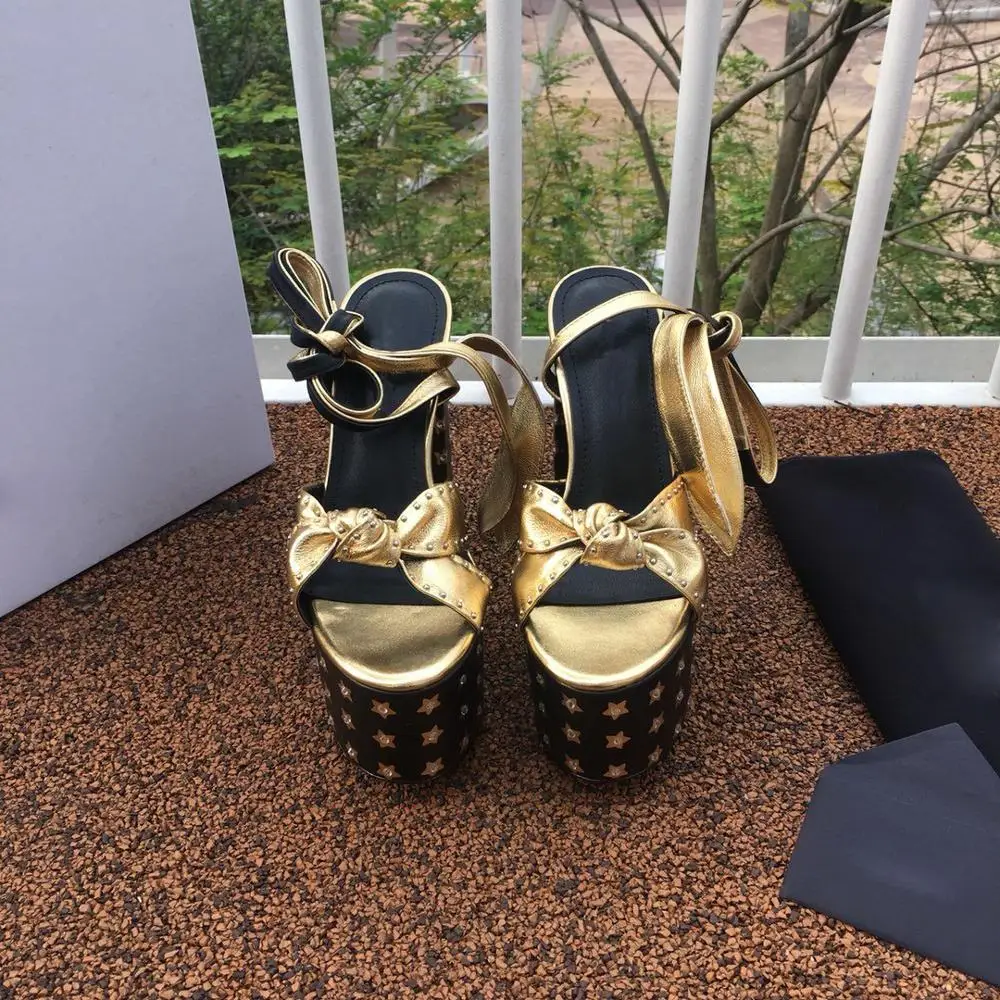 

Prowow Sandals Women Golden Pentagram High Heels Thick Platform Women Sandals Genuine Leather Women Shoes Chunky Heel Leopard