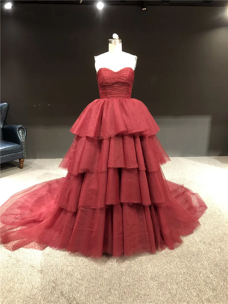 

100%Real Pictures Wine Red Pleat Tiered Strapless Ball Gown Floor Length Party Prom Dress Dance Dress Bridal Evening Dresses