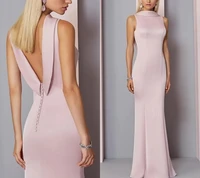 elegant candy pink long evening formal dress high neck backless soft satin prom party gown vestidos fiesta robe de soir%c3%a9e