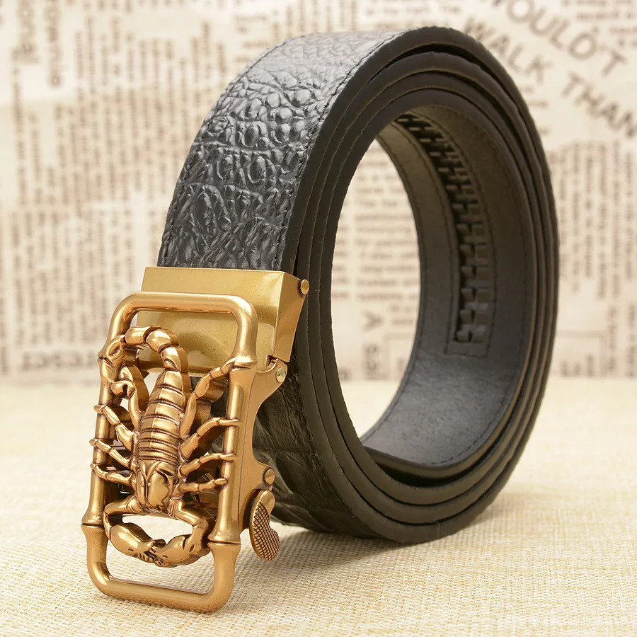 Мужской кожаный ремень с автоматической пряжкой и золотым скорпионом роскошный