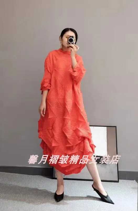 Горячая Miyake модное платье со складками со стразами, однотонное Свободное длинное платье со стоячим воротником