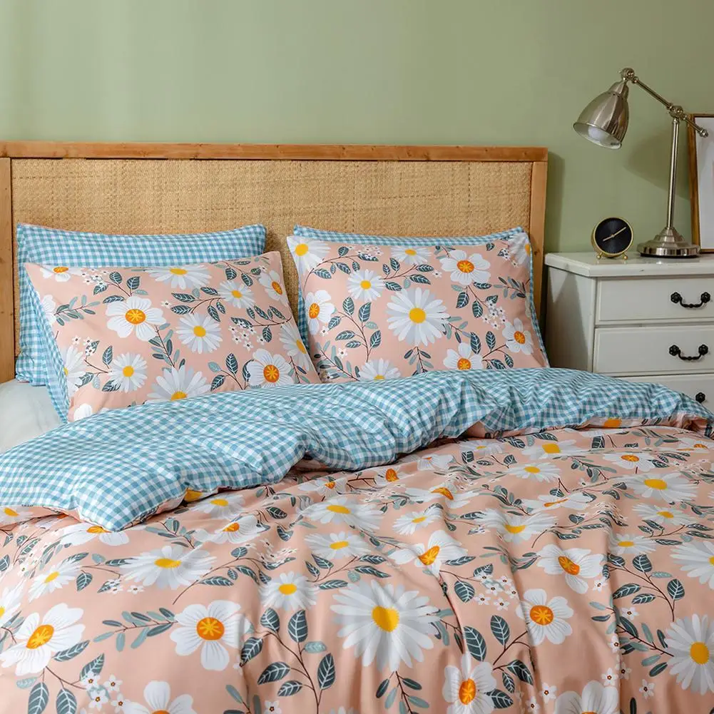 

Home Textile Bedding Set Pillow Case Quilt Cover Floral White Chrysanthemum Printing Bed Decoration Queen Kind Size