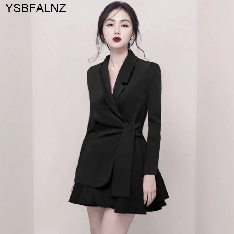 저렴한 2021 Womens Blazer Two Piece Set 풀 슬리브 V 칼라 레이싱 하이 엔드 기질 Office 레이디 디자인 의류 라운지 착용 + 스커트