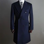 Мужской твидовый пиджак, темно-синий Официальный плотный шерстяной пиджак, двубортный смокинг, длинный деловой пиджак с остроконечным лацканом, 2022