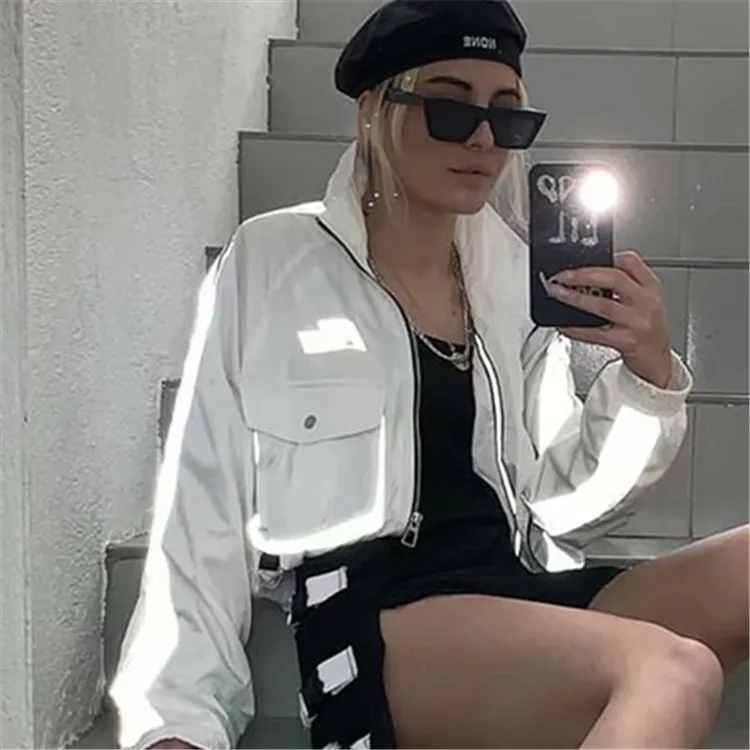 Куртка-бомбер женская Светоотражающая с длинным рукавом на молнии свободная