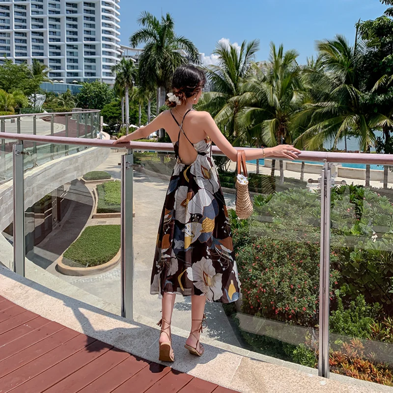 

Kimotimo Print Long Beach Dress 2021 Summer Holiday Style V-neck Backless Sexy Temperament Spaghetti Strap Casual Y2k Dresses