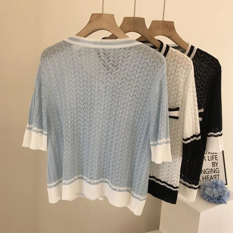 

2021 Summer Round Neck Short Sleeve Hollow Out Thin Short-sleeved Ice Silk Knitted Top Women Korean Style Cardigan Knitted Tops