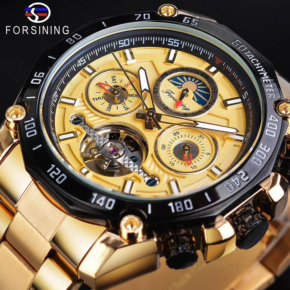 

Forsining Golden Tourbillon Male Mechanical Watch Big Dial Automatic Moonphase Date Steel Band Sport Racing Car Wristwatch Clock