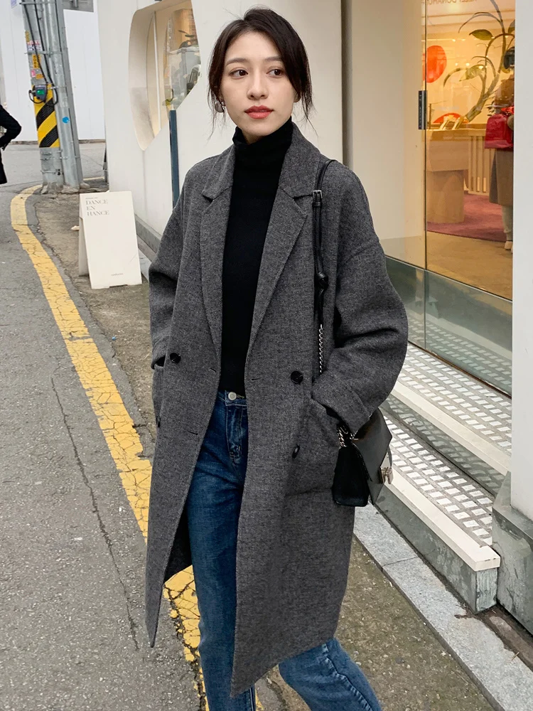 

Double sided tweed coat women's medium length 2021 new winter Korean version loose leisure Hepburn wool coat small man