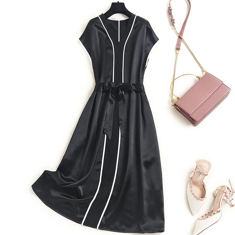 

European Southern Oil women's high-grade acetate dress summer 2021 new raglan sleeve V-Neck long skirt 17830