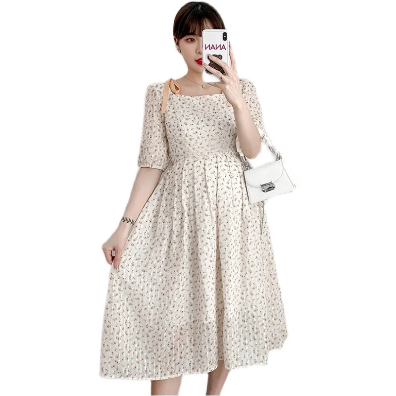 

6722# Summer Korean Fashion Floral Printed Chiffon Maternity Long Dress A Line Loose Clothes for Pregnant Women Pregnancy