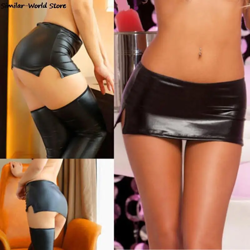 Черные сексуальные женские ПВХ Мокрый Вид искусственный латекс микро мини-юбка с