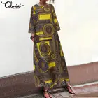 Celmia женское винтажное льняное длинное платье макси с принтом повседневные свободные Сарафаны с рукавом 34 вечерние платья Кафтан Mujer 2021