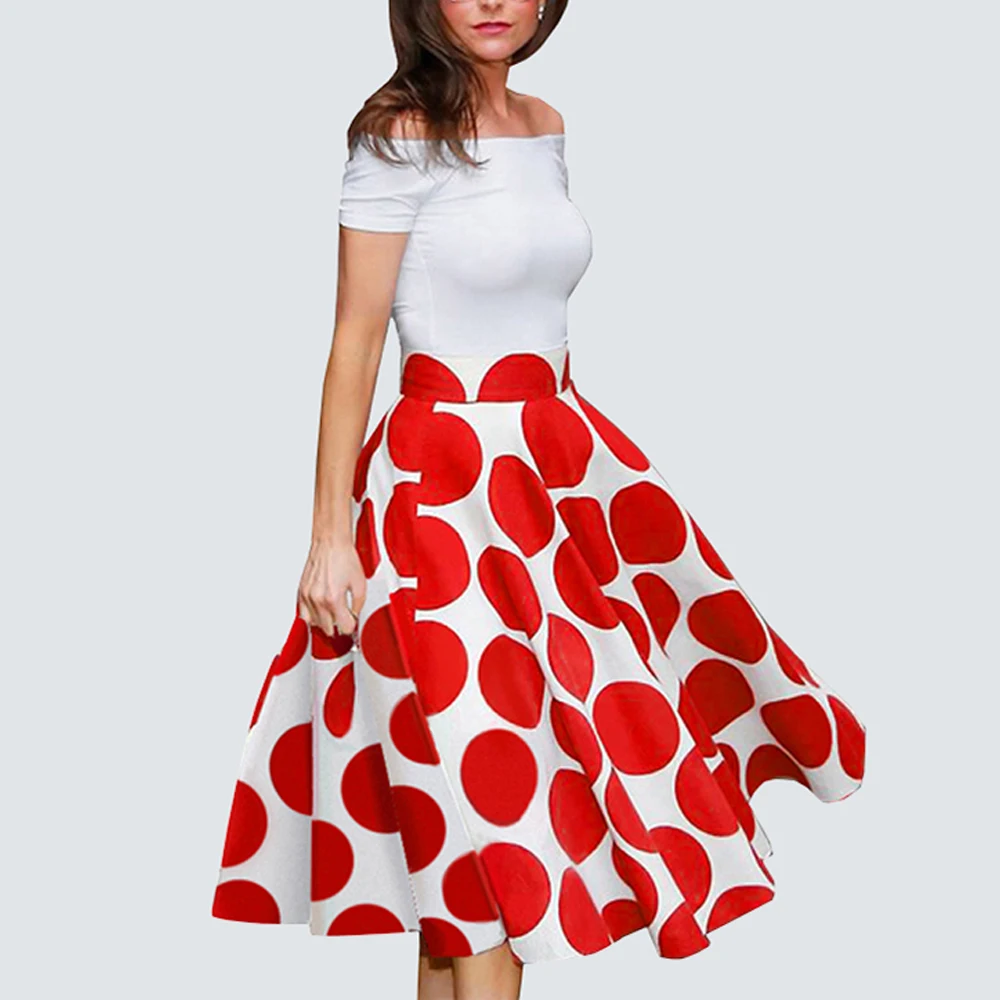 Летнее женское винтажное платье с вырезом лодочкой в красный горошек | Женская