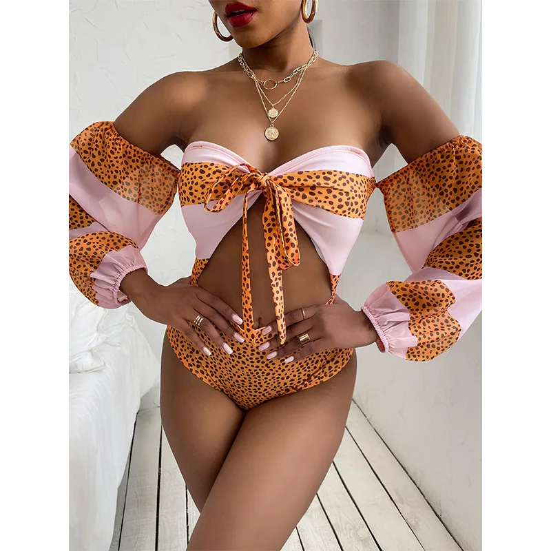 Cutubly Women Hollow Out Print Casual Skirt Bikini Sets Sexy Bow Lace Up Bikini Set Off Shoulder Lantern Sleeve Slit Skirt Sets