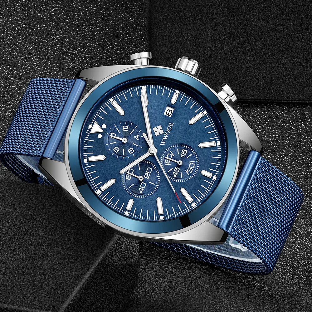 Часы наручные WWOOR мужские Кварцевые водонепроницаемые модные брендовые