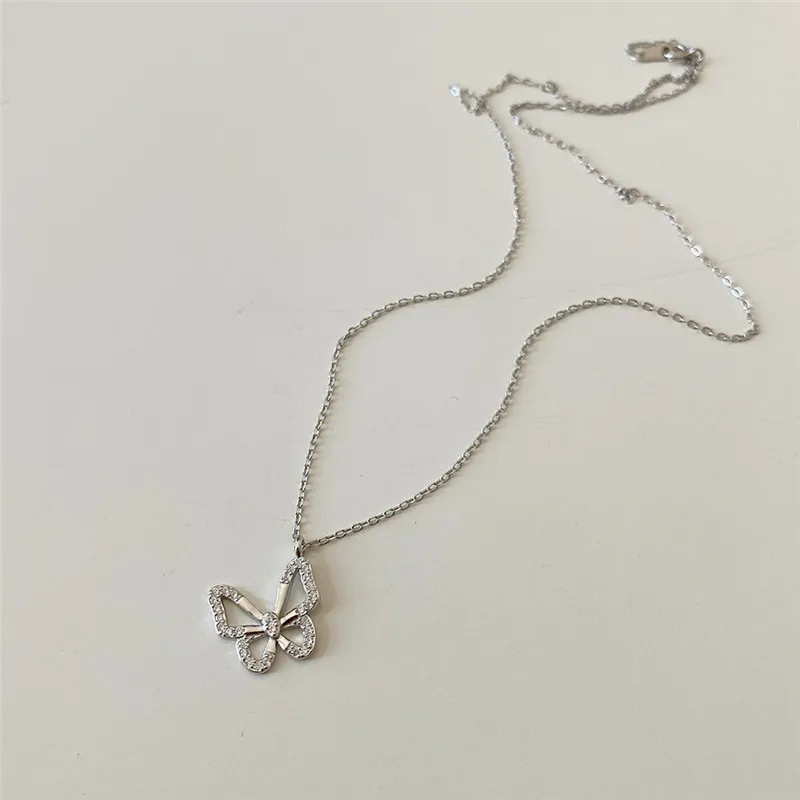 

POFUNUO Niche French Style Women 925 Sterling Silver Necklace Female Luxury AAA Zircon Mini Butterfly Pendant Necklace Chokers