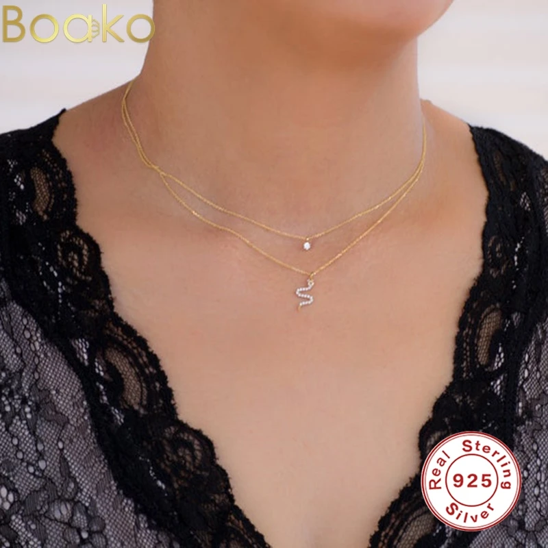 

BOAKO 925 Sterling Silver Snake Zircon Dangle Women Pendant Necklace Minimalist Style 2021 Trendy Female Birthday Jewelry Gifts
